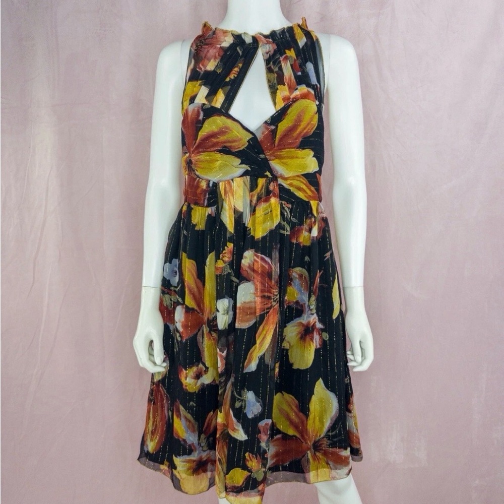Anna Sui Anthropologie Womens Black Silk Floral Dress Size 10